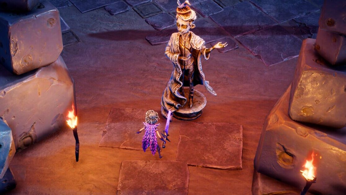 A character approaches a statue holding a sword in a dimly lit area in Lost in Random: The Eternal Die