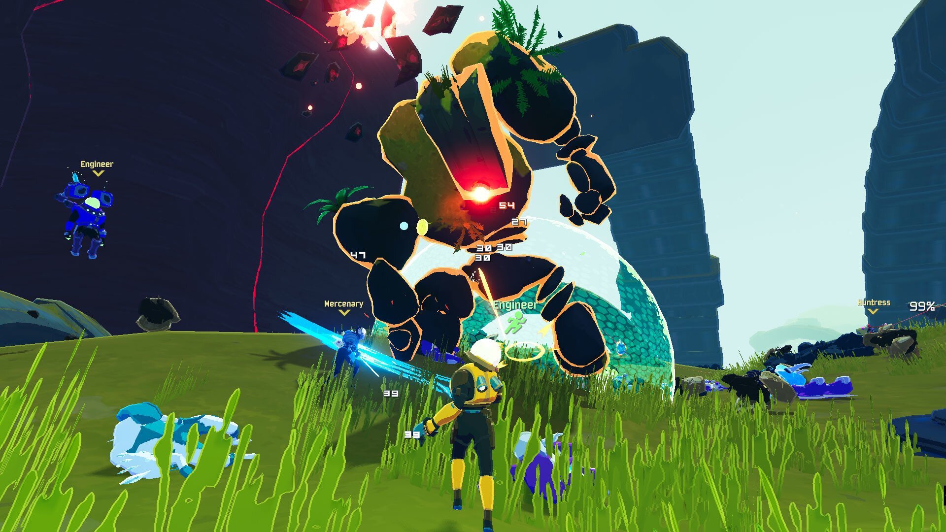 A team of players fights a giant in a roguelike game
