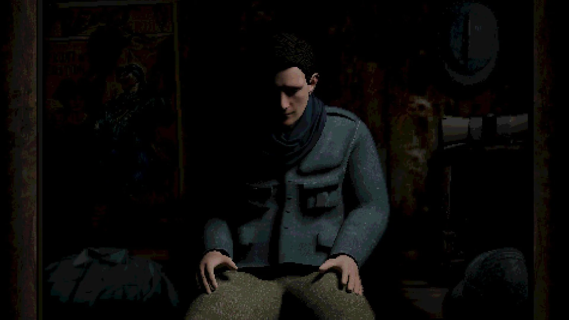 Un personaggio maschile terrorizzato nell'ombra nel gioco survival horror CONSCRIPT.