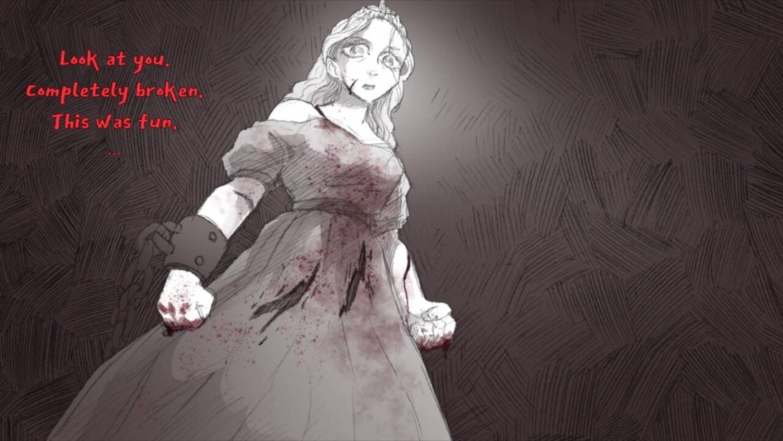 Eine blutüberströmte Figur steht trotzig in einer dunklen Visual Novel-Szene