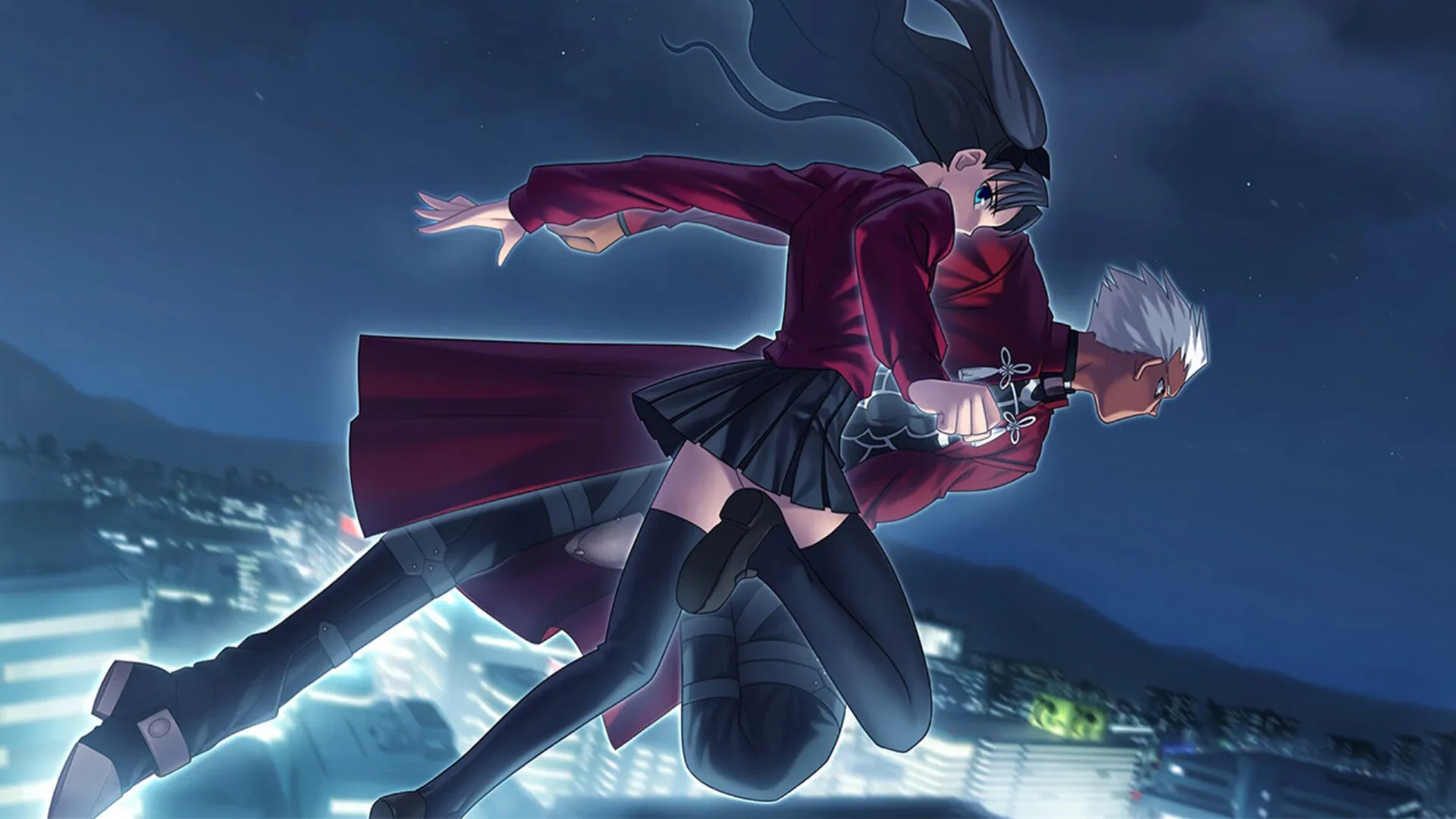 Zwei Charaktere springen durch eine Stadtlandschaft in einem actiongeladenen Visual Novel