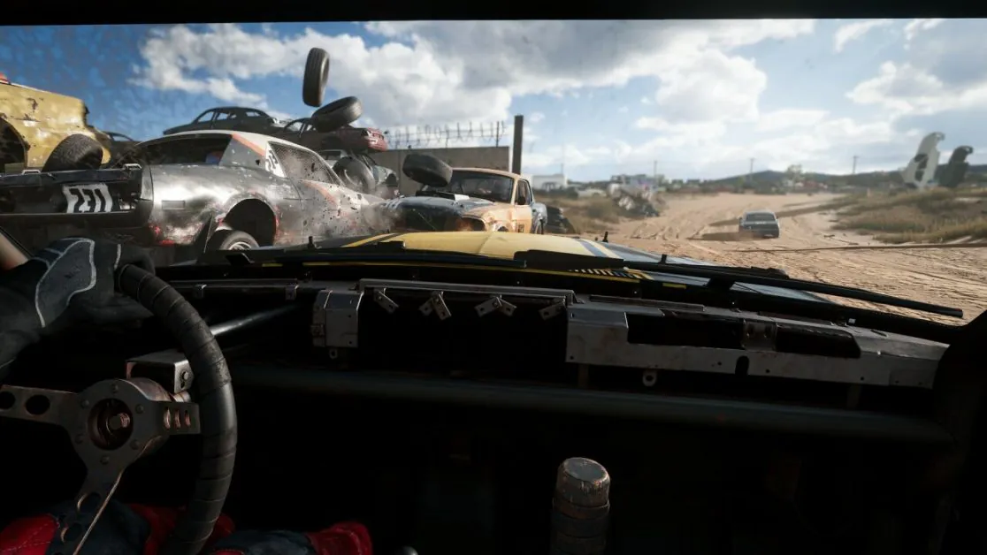 First-person view of chaotic demolition racing