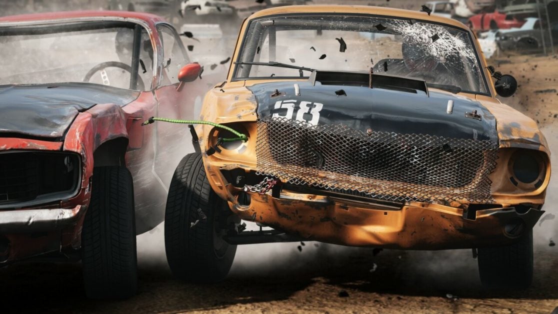 Close-up of two cars colliding in Wreckfest 2&rsquo;s demolition derby