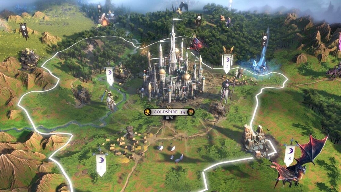 A fortified fantasy city surrounded by lush terrain in a 4X Strategy games