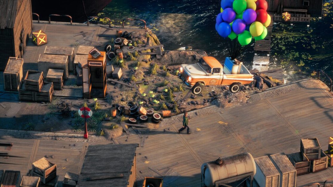 A dock scene with scattered debris, crates, balloons, and a truck