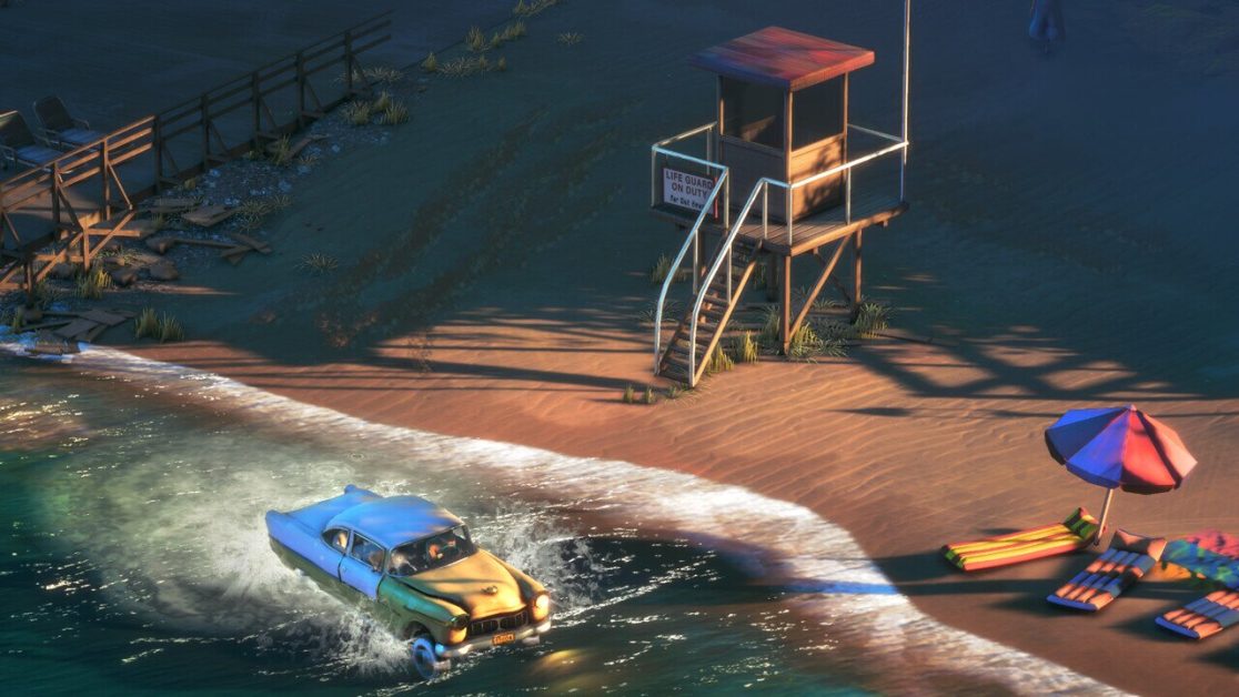 A car drives through water near a lifeguard tower on a beach