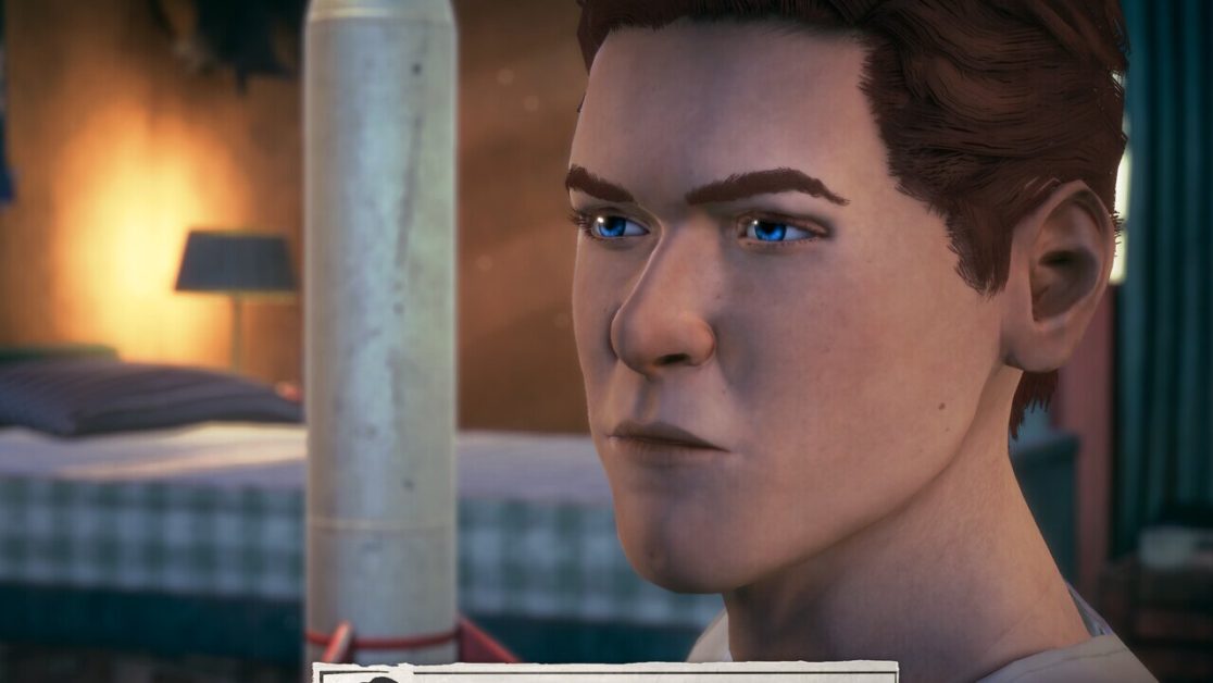A serious-looking person with blue eyes is standing indoors at night