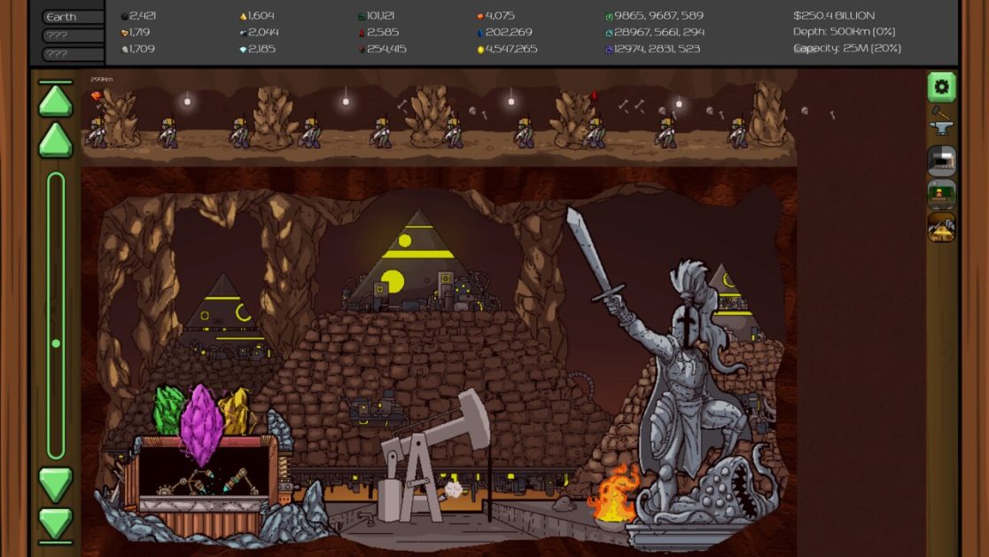 A mining simulation game showing workers and underground machinery.