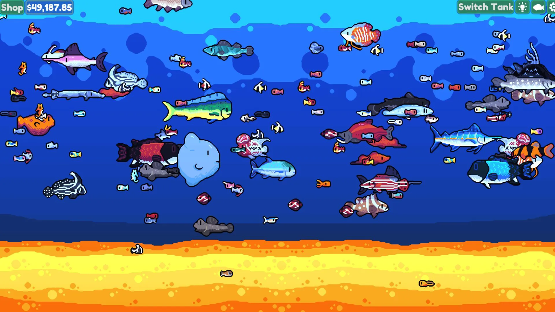 An aquarium simulation game with colorful fish swimming in the tank