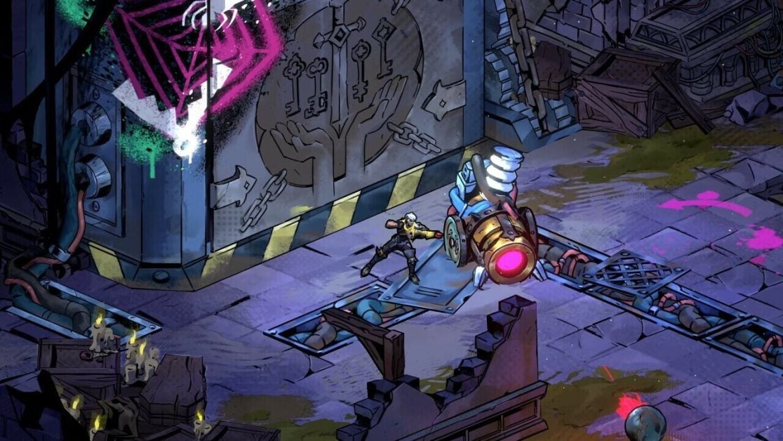 Character fights a large robot in front of a mysterious door