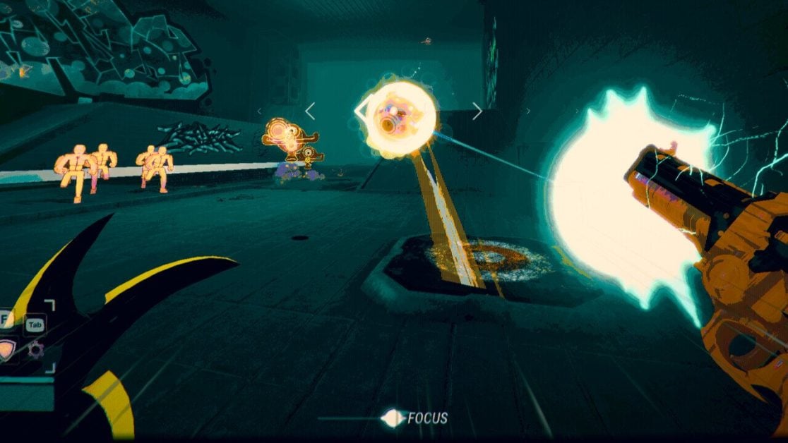 Eine Ego-Shooter-Szene mit leuchtenden Feinden und einer mächtigen Waffe
