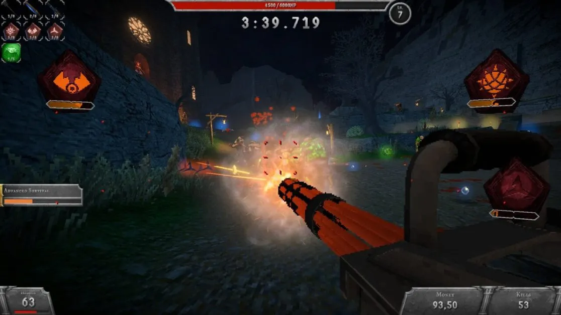 First-person shooter with a gun firing at enemies in Bloodshed