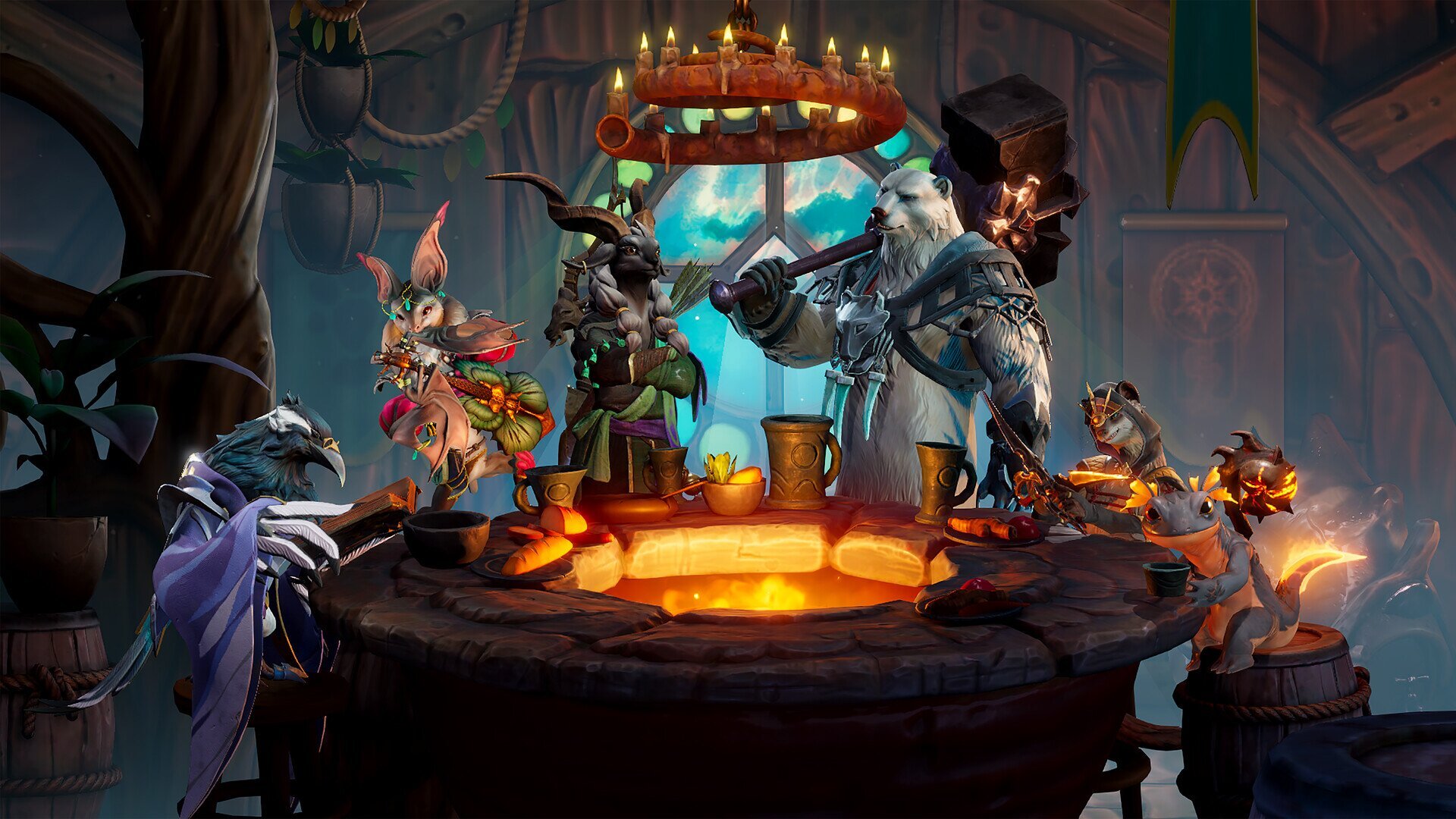 A group of anthropomorphic fantasy characters gathered around a tavern table in Sunderfolk