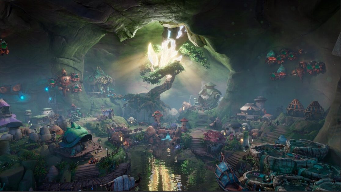 A mystical underground village with fantasy structures