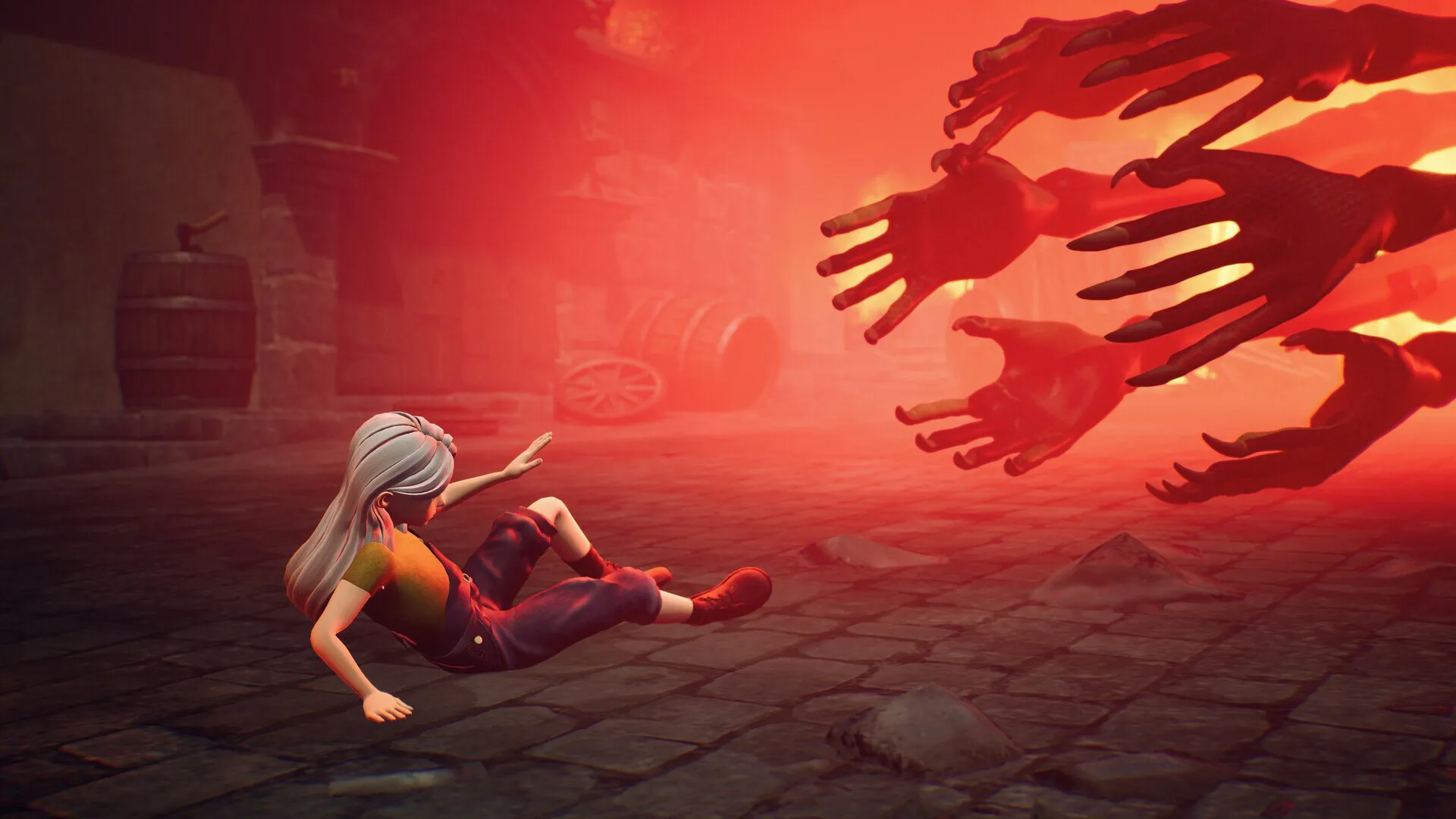 A figure falls back as fiery hands emerge in Ayasa game