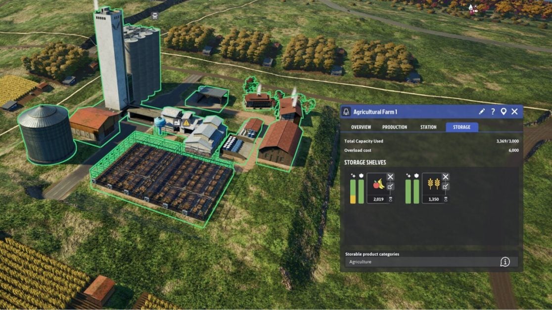 An agricultural farm interface displaying storage capacity and stored resources