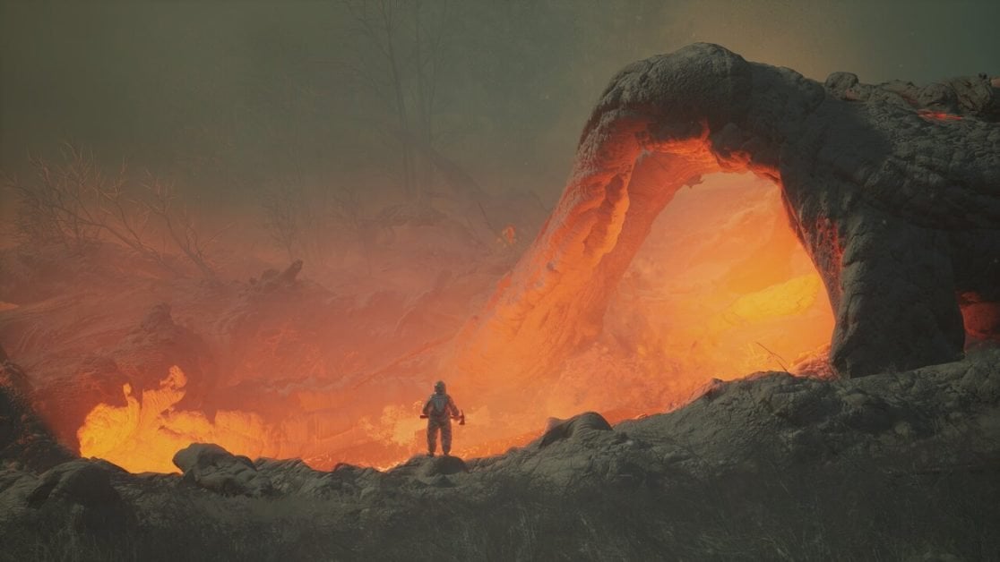 A lone character stands at the edge of a fiery, apocalyptic landscape