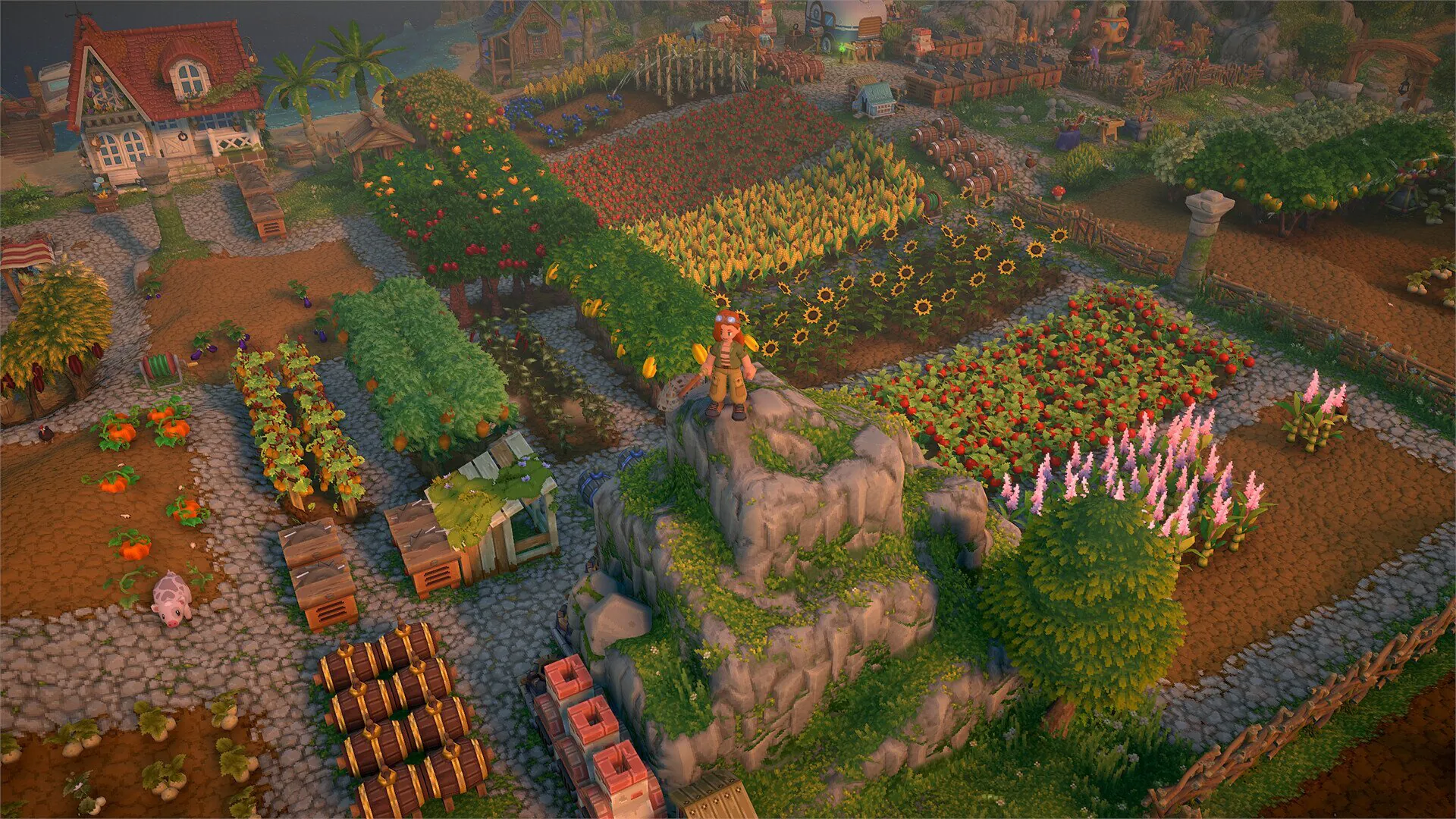 Vibrant farmstead with crops and livestock in a farming simulation game