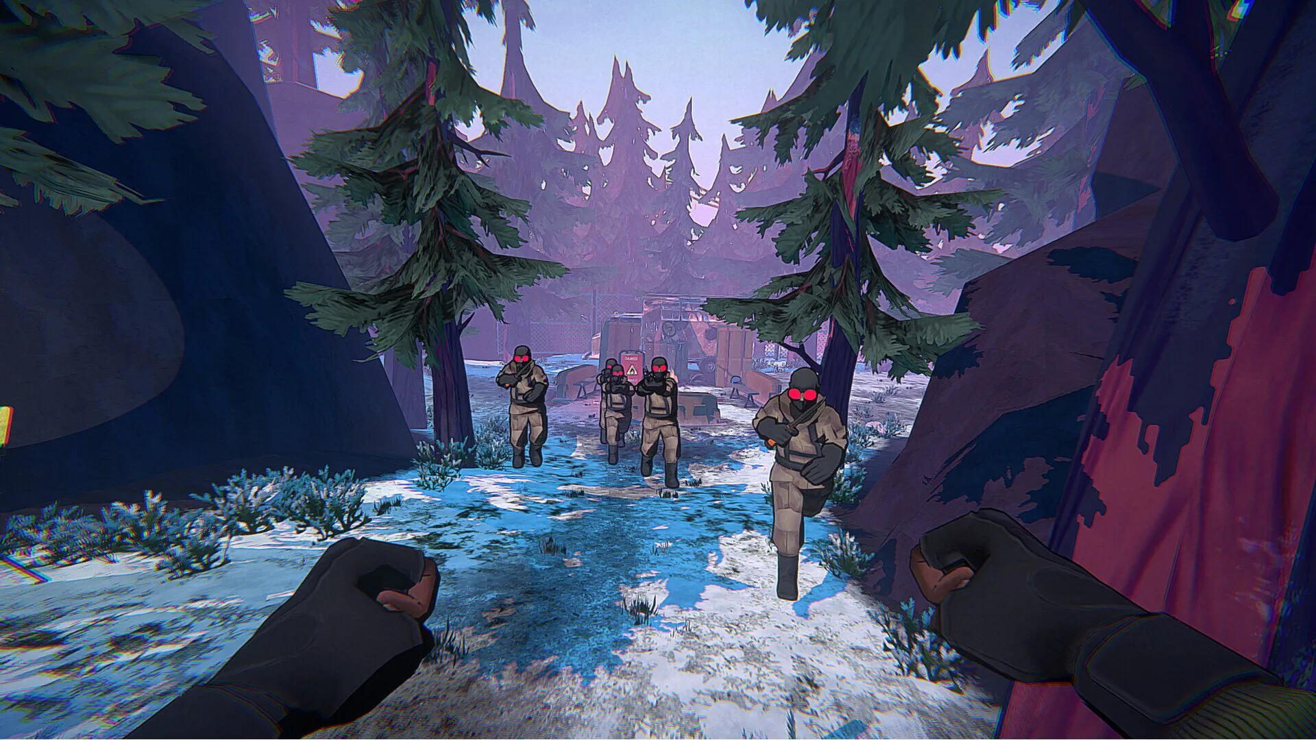 First-person perspective facing armed soldiers in Indie video game