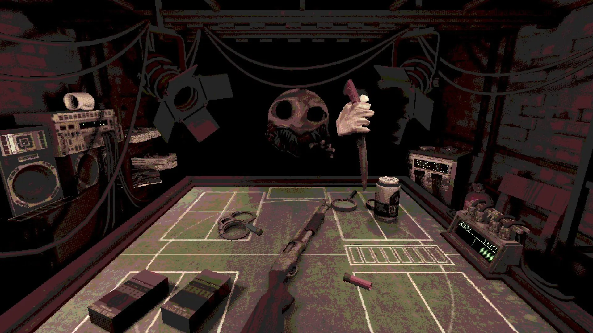 Creepy masked figure holding knife in darkness