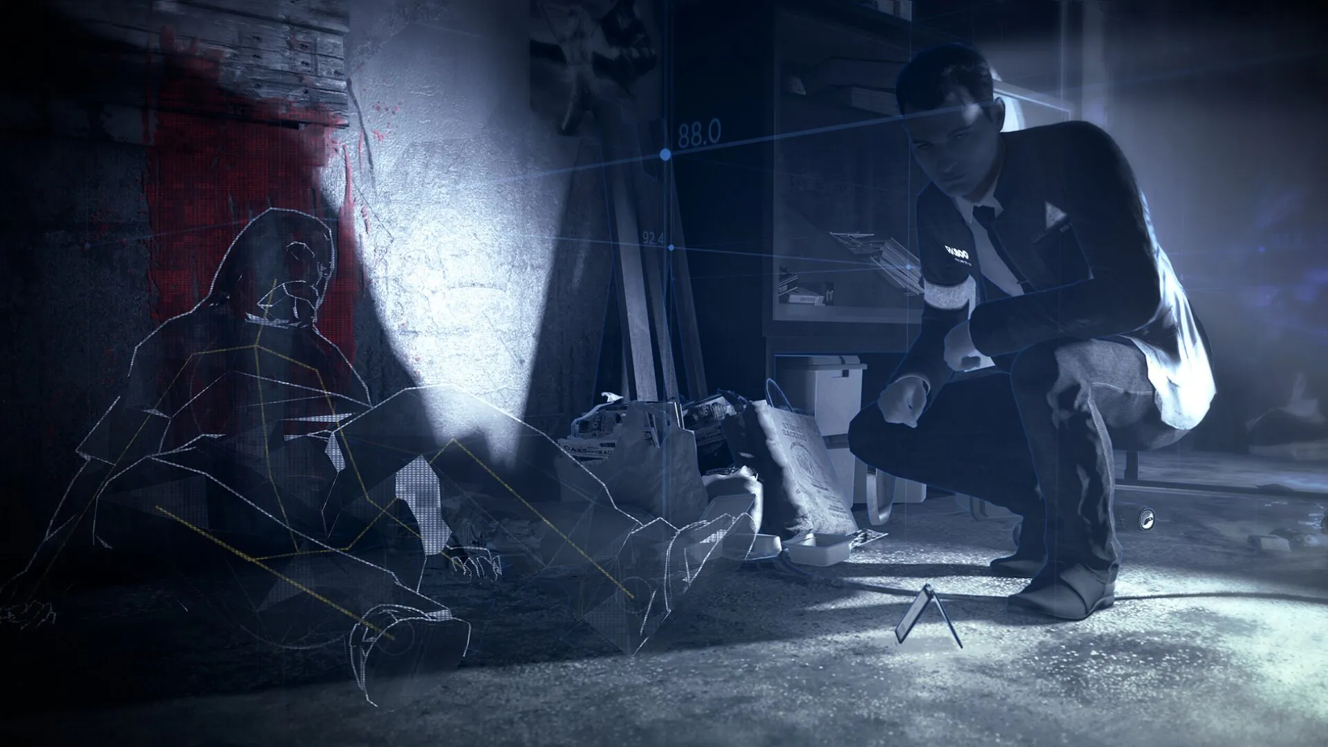Detective analyzing crime scene in a game with multiple ending