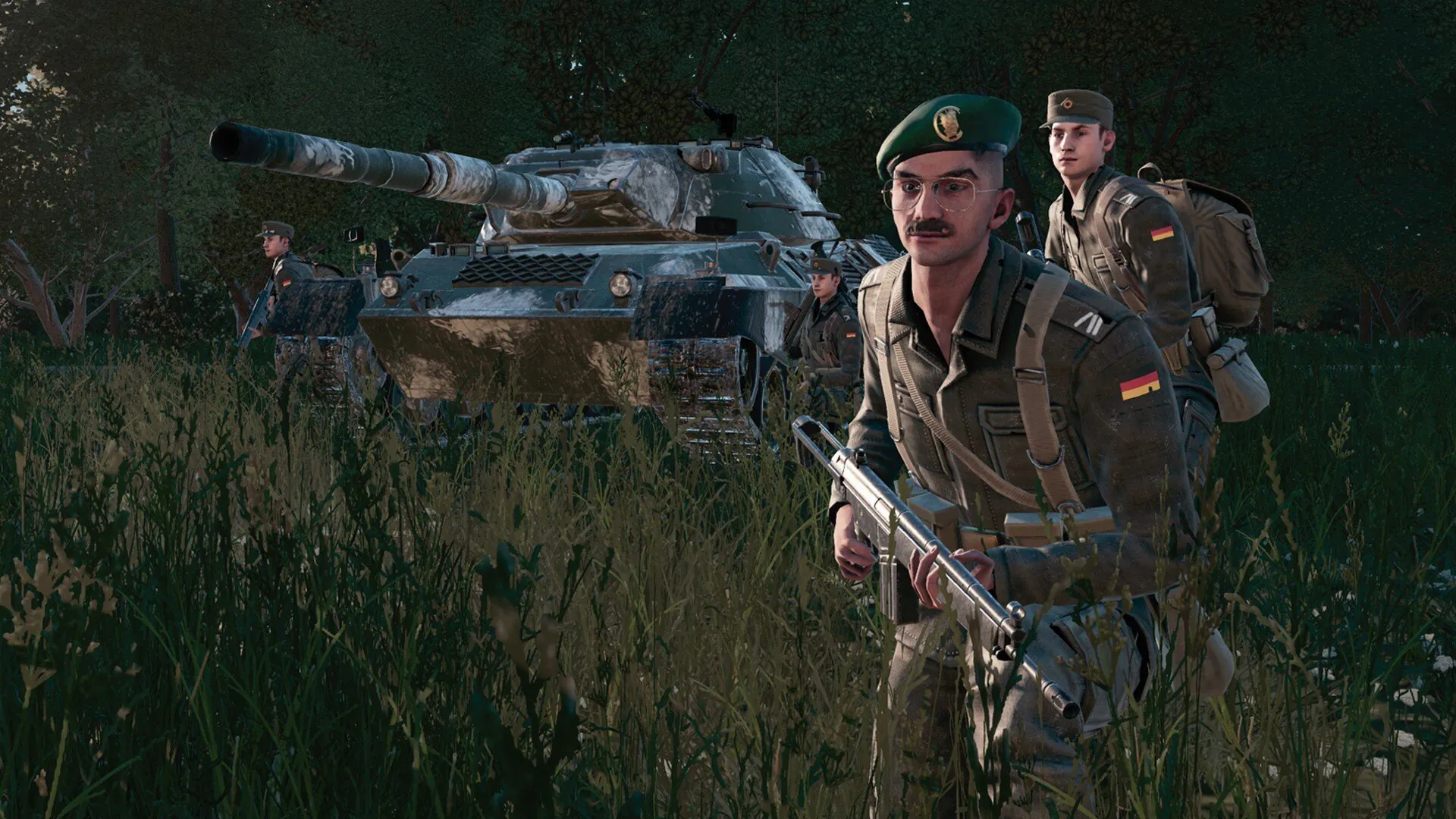 Soldiers and tank advancing through forest in strategy game of 2024