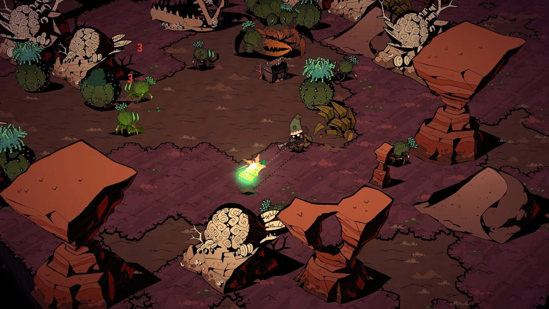 Cartoon-like adventurer battling desert plant creatures