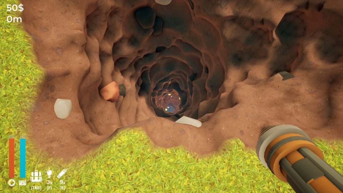 Deep hole with glowing bottom view in sandbox game