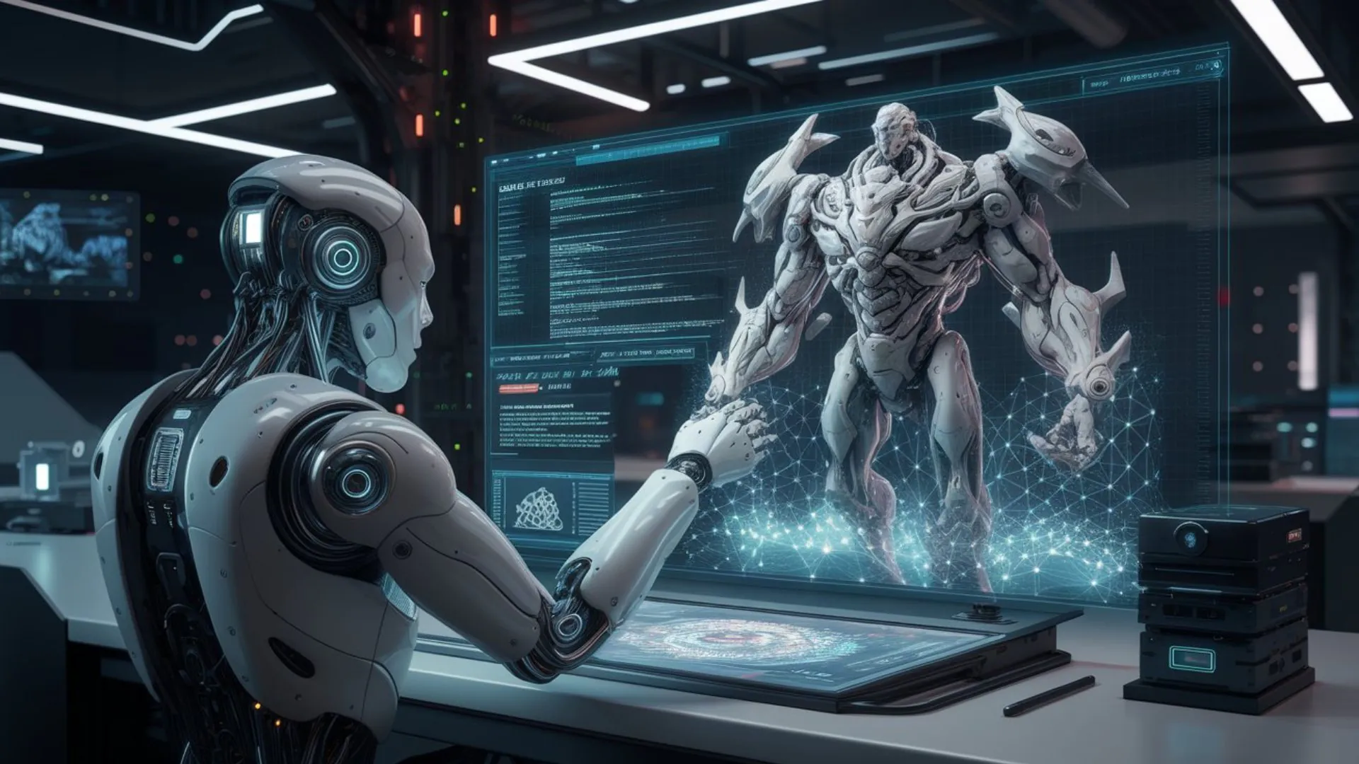 Futuristic AI robot developing 3D game character