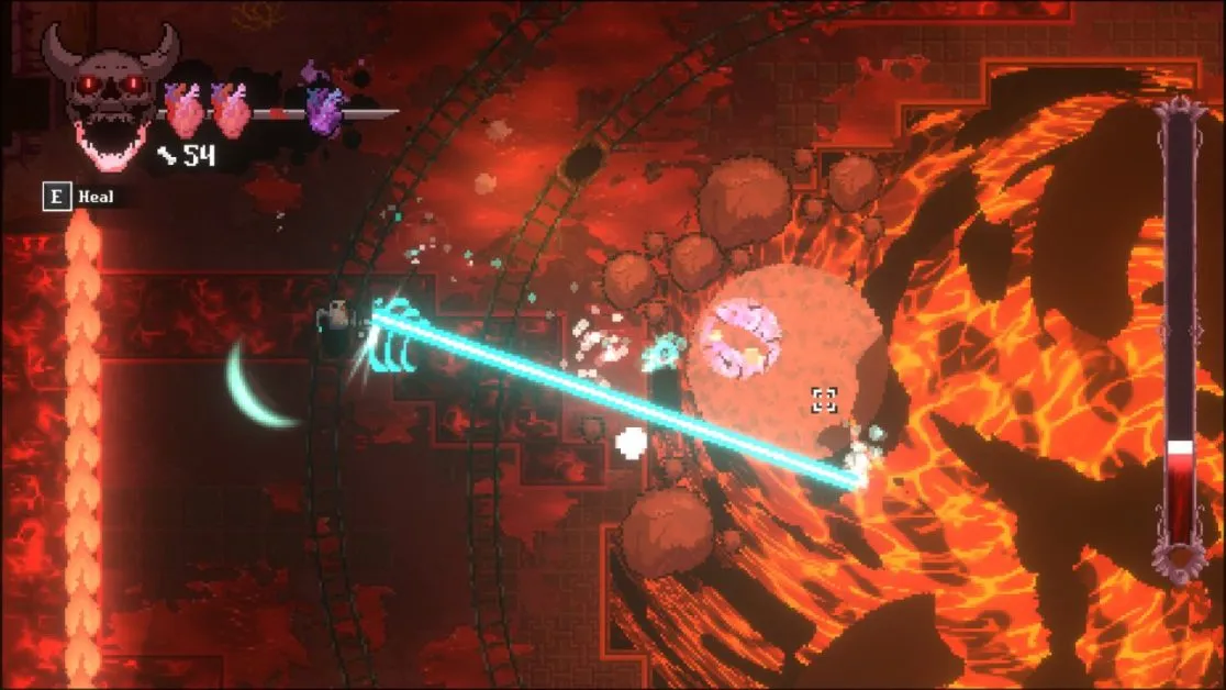 Character fires blue laser in lava