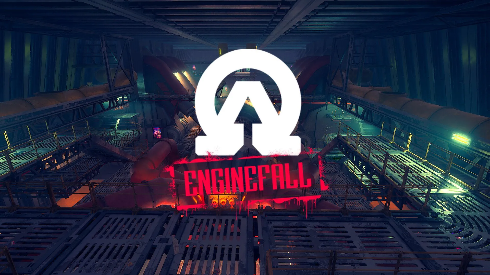 EngineFall-Spiellogo auf industrieller Metallplattform