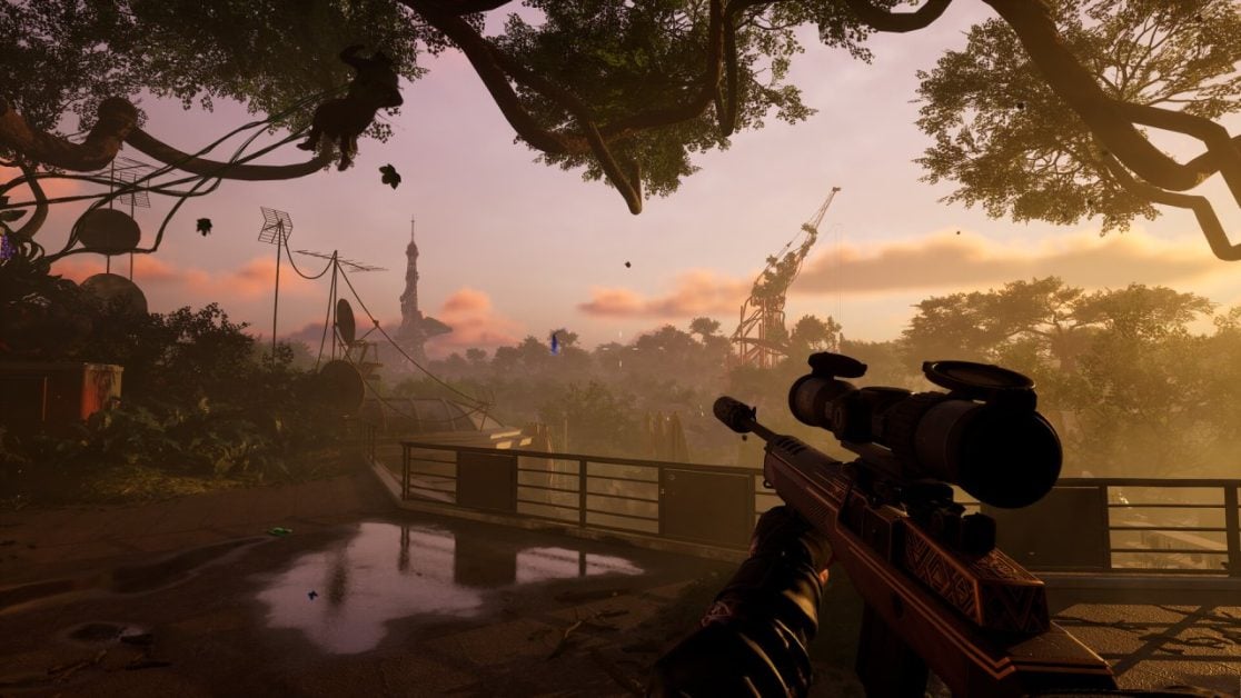 Sniper aiming in overgrown urban ruins