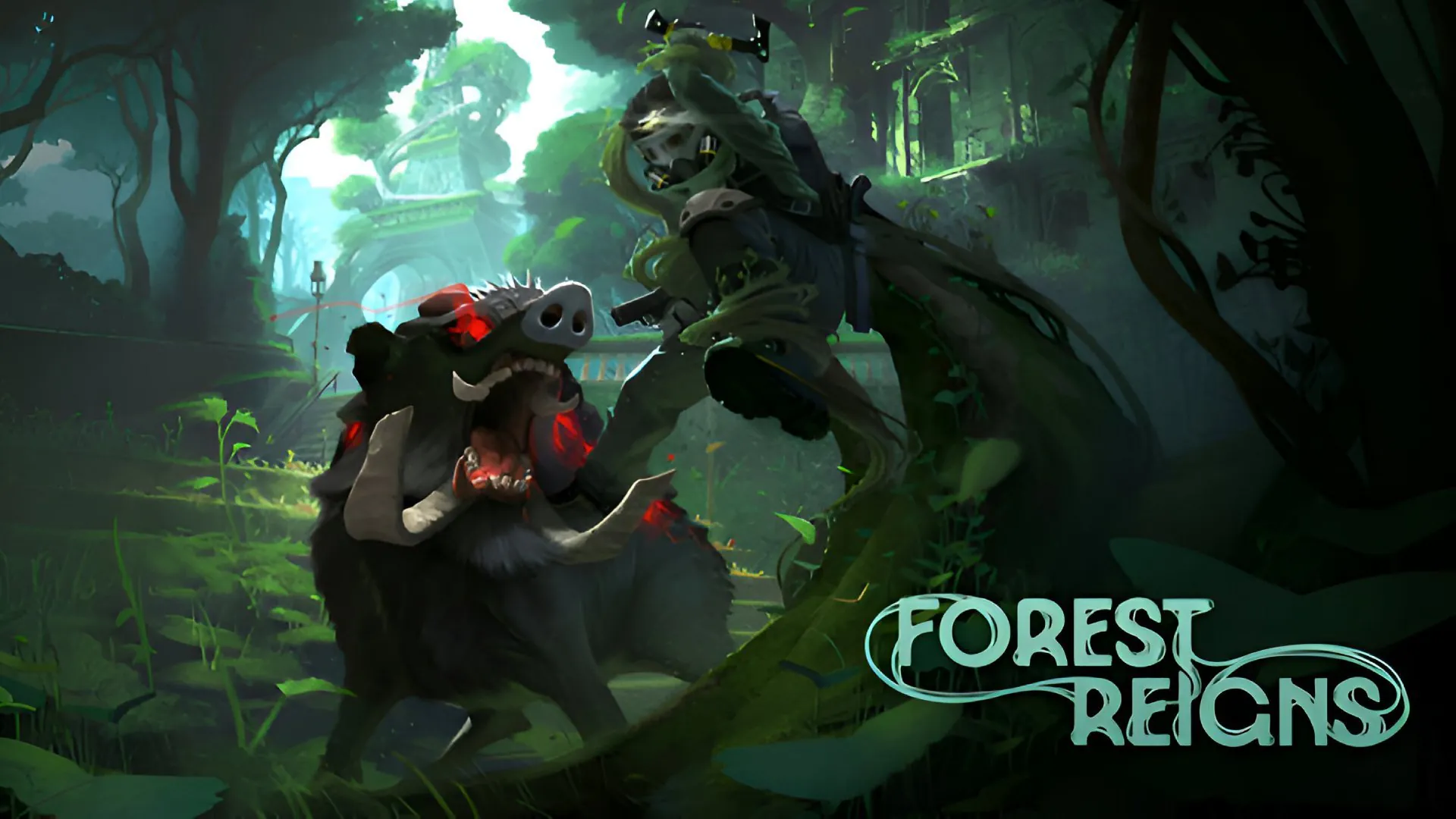 Armored warrior battling a forest creature