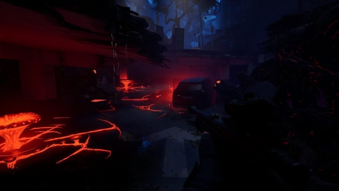 Dark urban ruins with glowing red lava