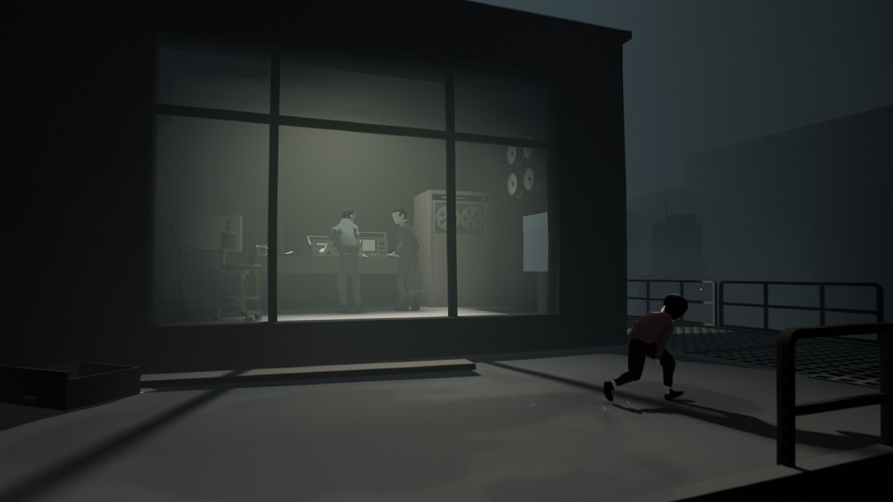 Sneaking boy outside a laboratory window