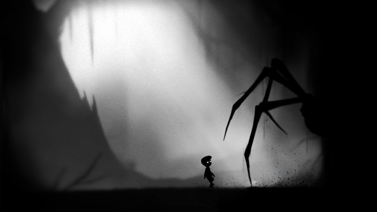 Monochrome boy facing giant spider in indie game