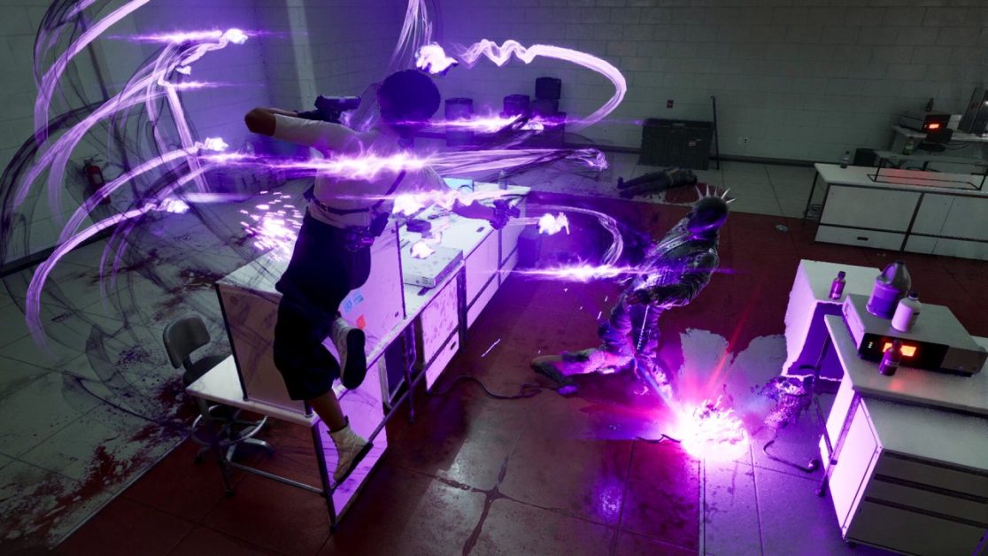 Woman attacking an enemy with energy in The Directorate game scene