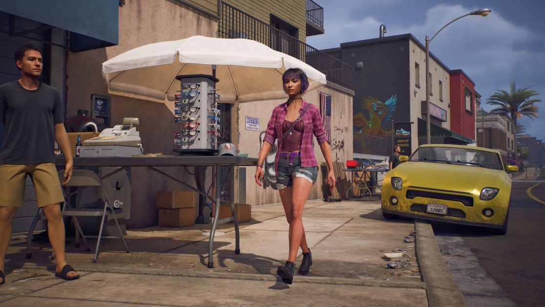 Player walking in a vibrant urban setting