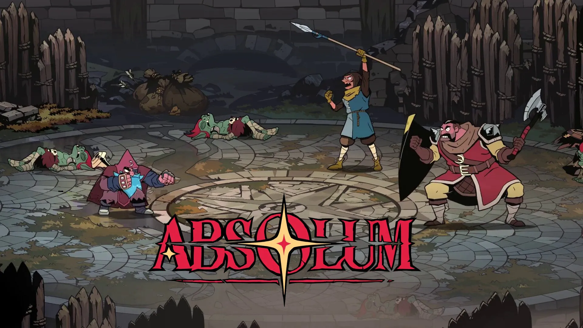 Absolum's game logo with warriors in battle stance
