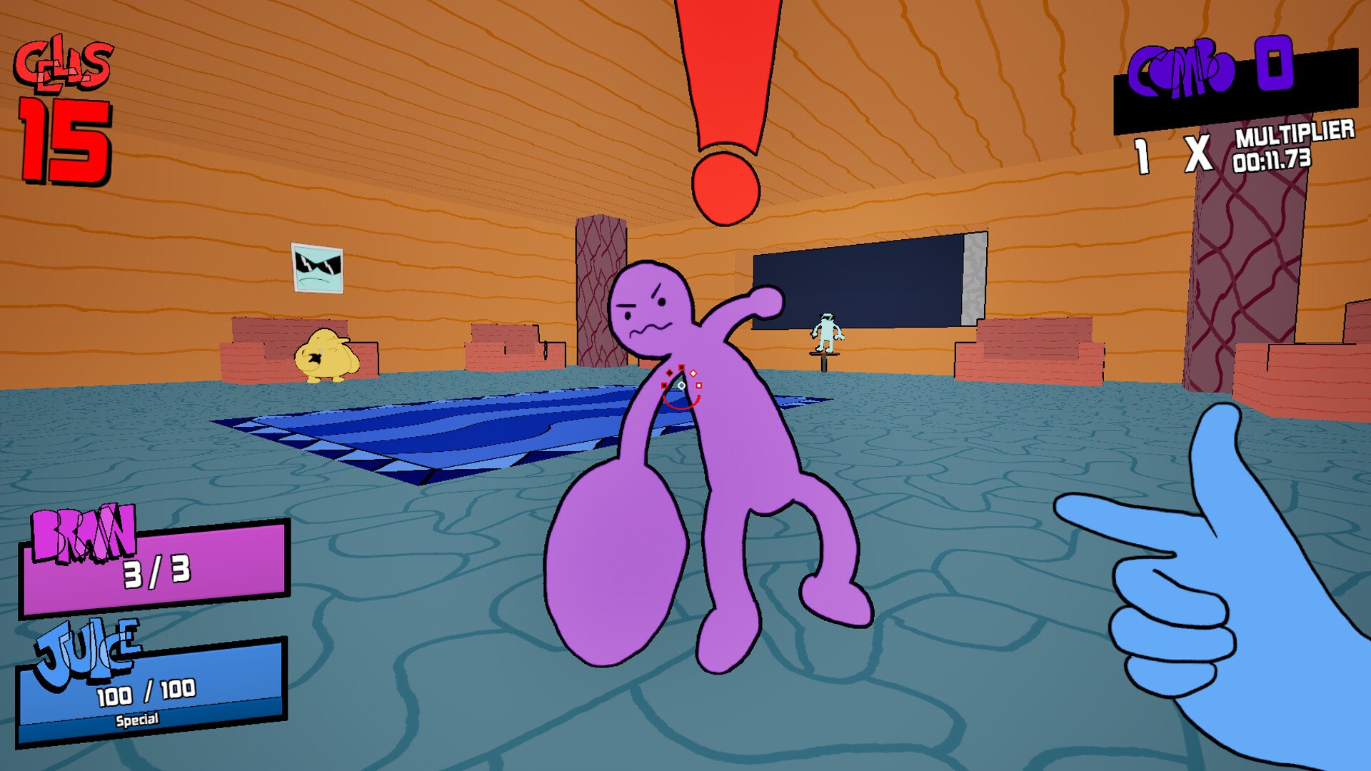 Pointing a finger gun at purple enemy (Void Collector)