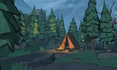 Cozy campsite with tent and fire in Steam Indie game