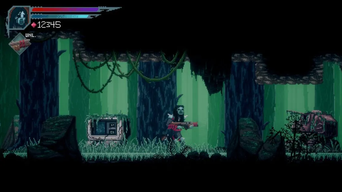 Player exploring jungle with overgrown machinery in Voivod video game