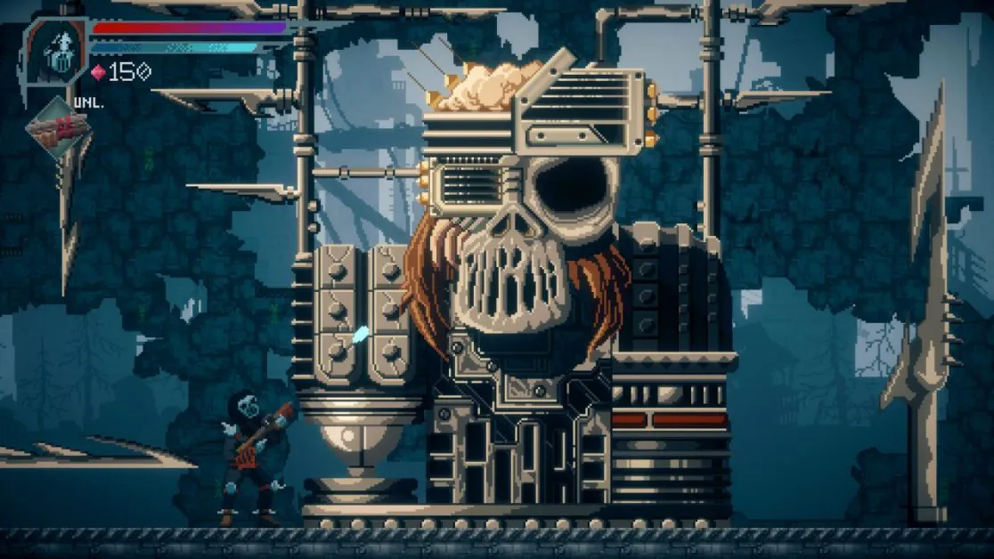 Giant mechanical skull boss in Voivod game