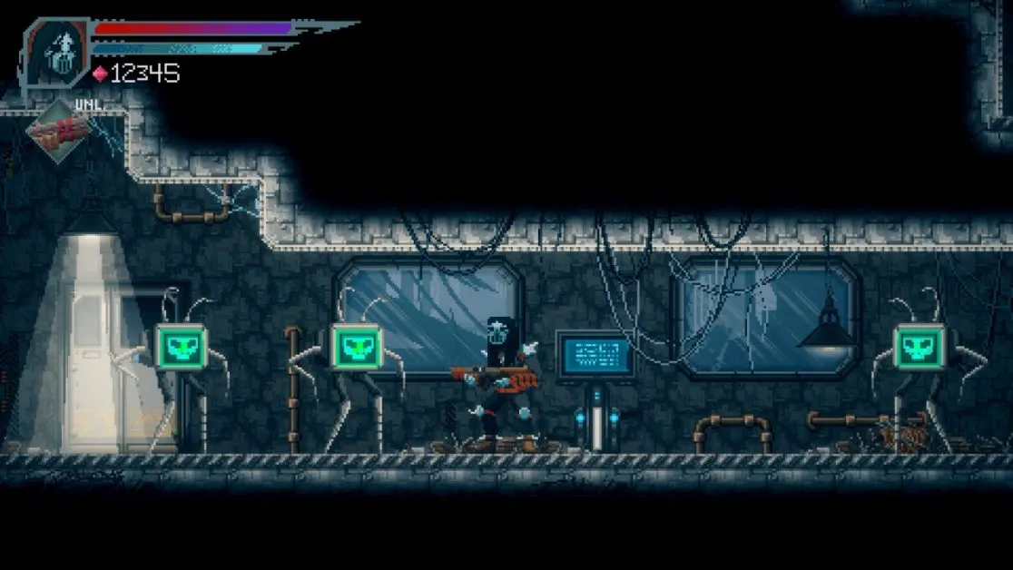 Character inside high-tech computer facility
