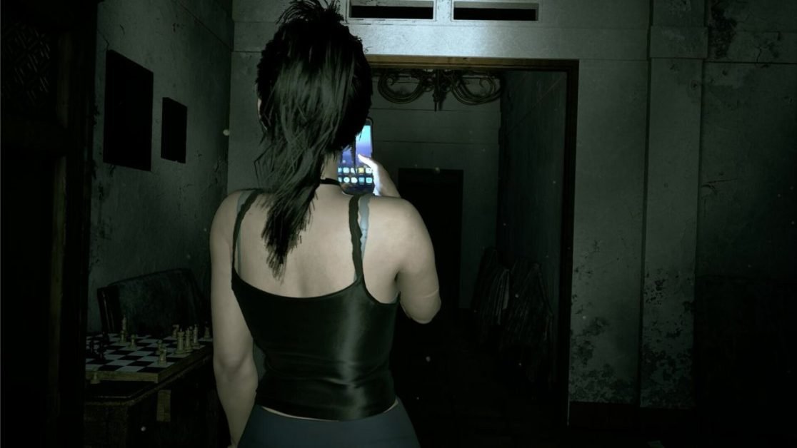 Linda walking through hallway with phone