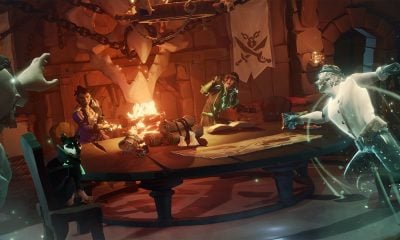 Сцена для совместной игры в пиратском стиле Game Pass с призрачными фигурами и картами сокровищ