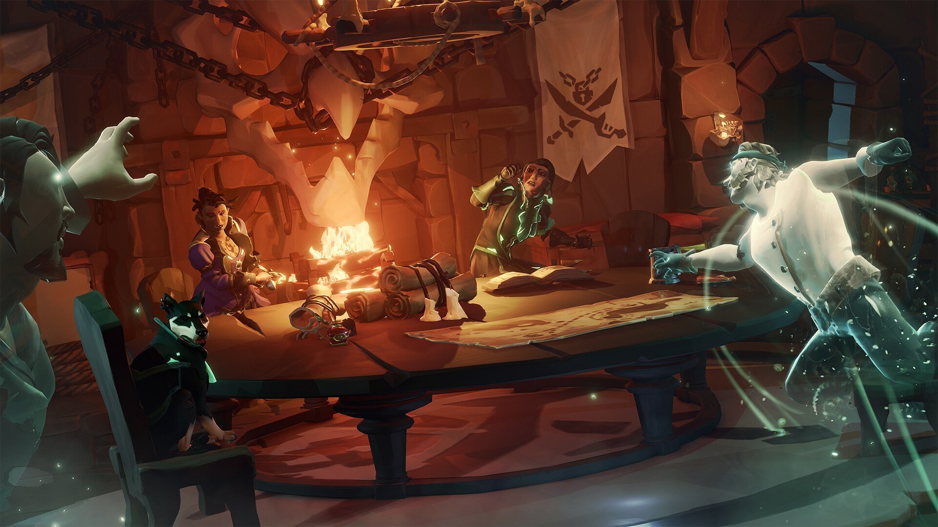 Scène de jeu coopératif Game Pass sur le thème des pirates avec des personnages fantomatiques et des cartes au trésor