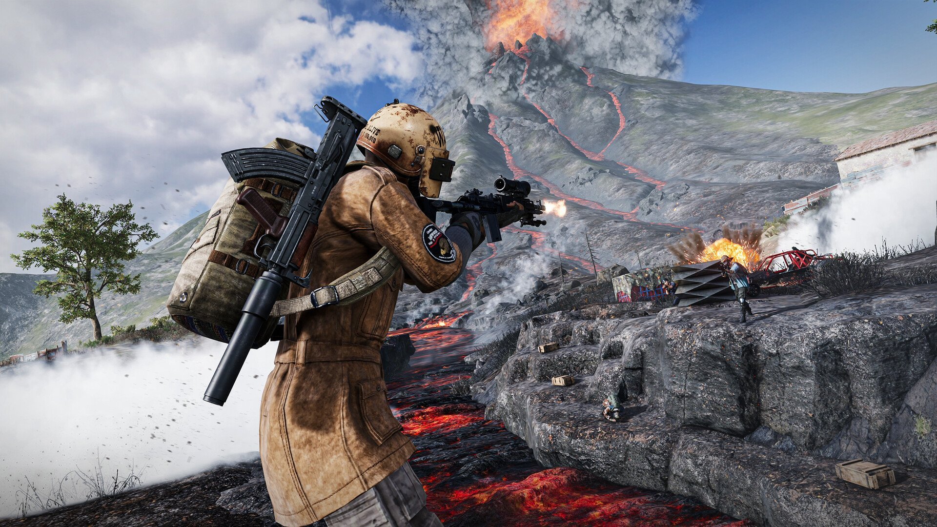 Un soldat tire au fusil lors d'une bataille volcanique dans un jeu Steam gratuit
