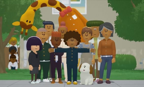 Bambini e adulti in stile cartone animato posano per una foto di gruppo allegra nel gioco Game Pass