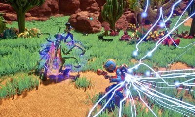 Players in sci-fi suits battle glowing insect enemies with electric weapons in Game Pass survival game